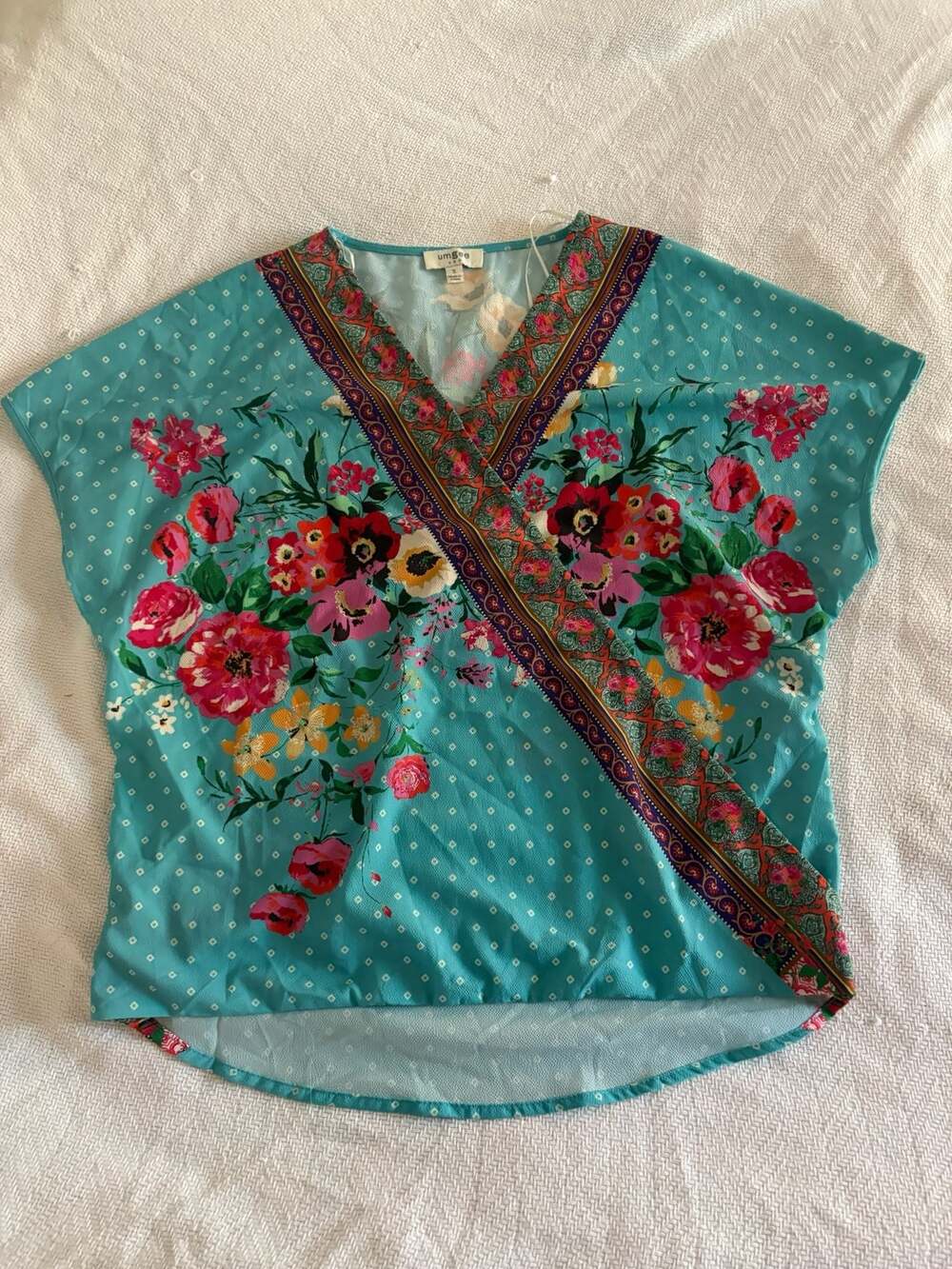 Umgee USA Women's Mint Floral Print Mock Wrap Blouse